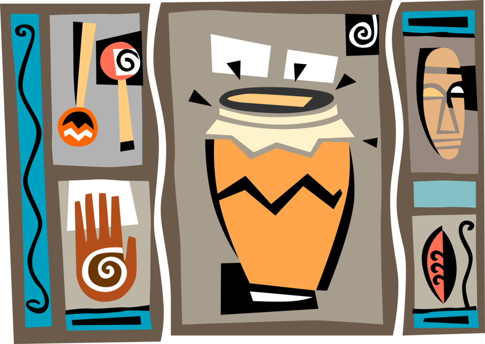 Vector Illustration of African Music with Djembe Skin-Covered Drum, Maracas and Tribal Mask