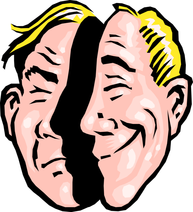 Vector Illustration of Two-Faced Hypocritical or Double-Dealing Deceitful Man 