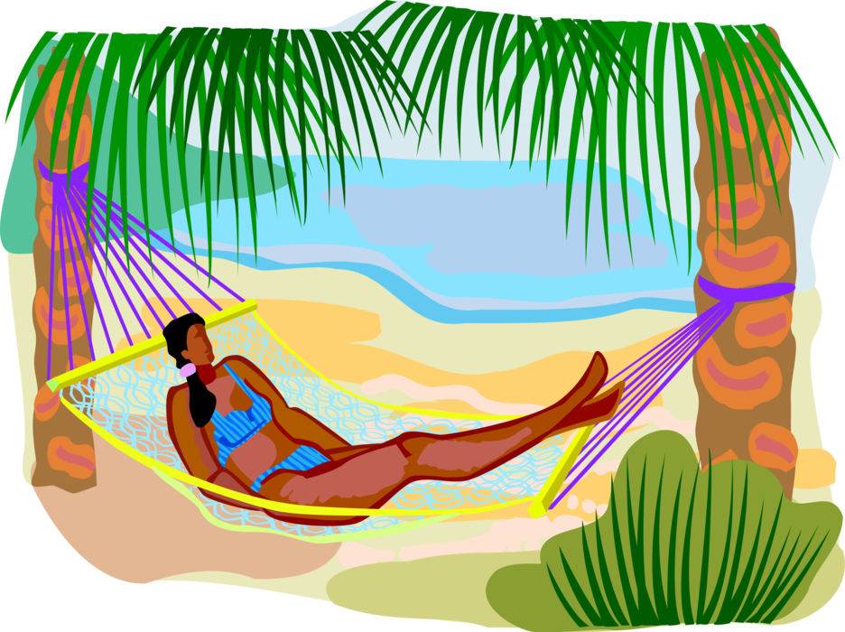 Vector Illustration of Summer Day at the Beach Relaxing in Hammock Between Palm Trees