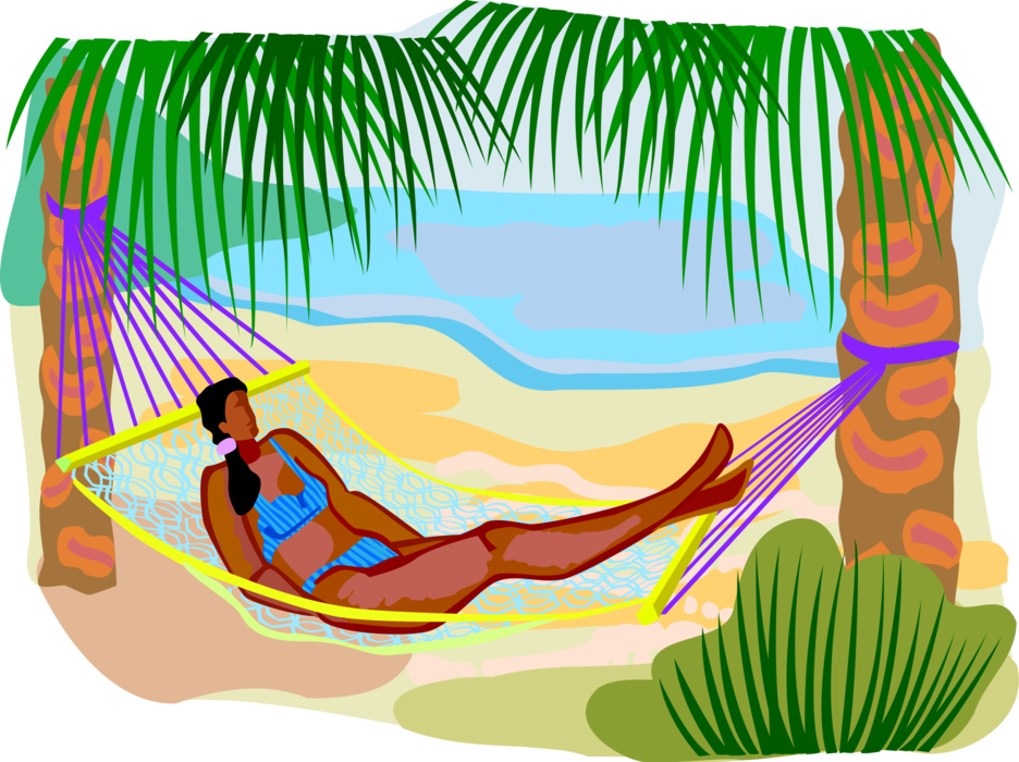 Vector Illustration of Summer Day at the Beach Relaxing in Hammock Between Palm Trees