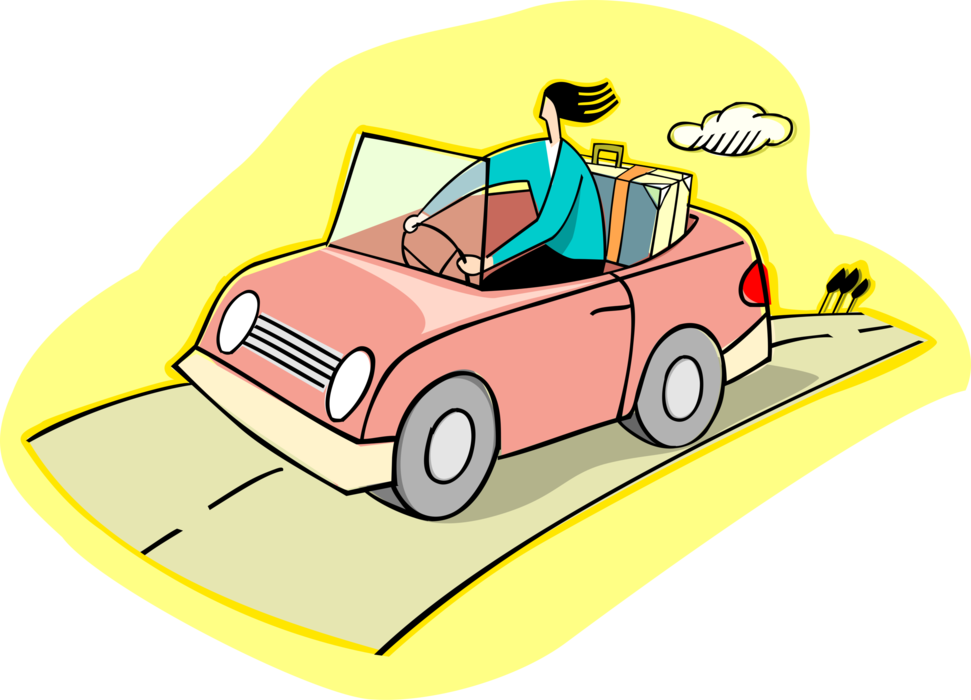 Vector Illustration of Motorist Driver on Vacation with Suitcase Driving Convertible Automobile Motor Vehicle Car
