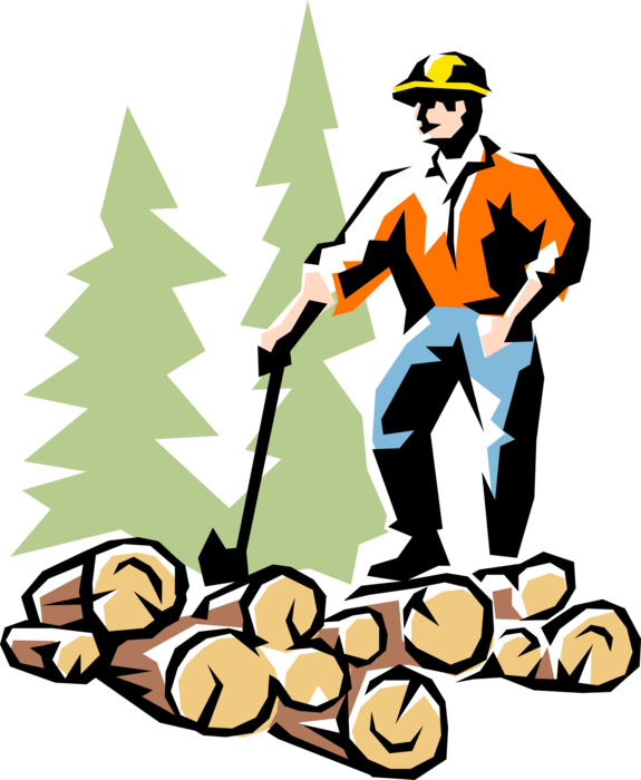 Vector Illustration of Forestry Industry Lumberjack in Forest with Axe and Cut Tree Logs