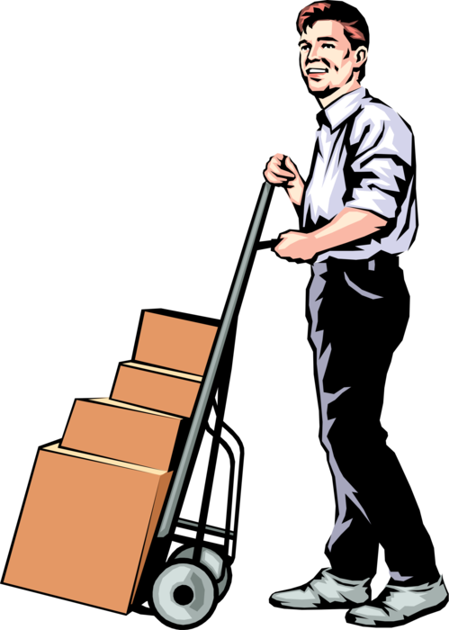 Vector Illustration of Warehouse Worker with Shipping Cases on Handcart Dolly