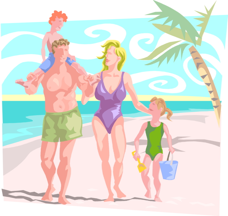 Vector Illustration of Family Vacation Holiday on Beach with Sand, Palm Tree and Ocean