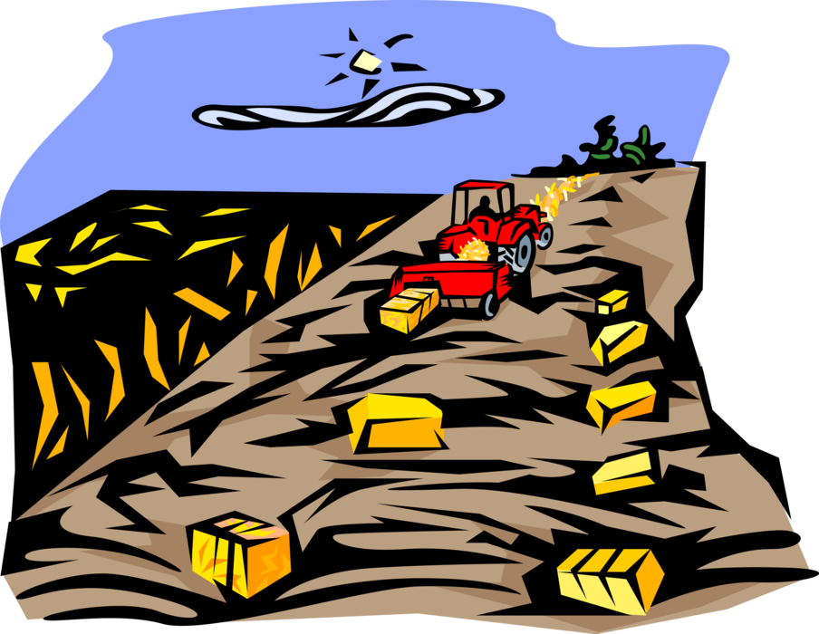 Vector Illustration of Farmer Creating Harvested Alfalfa Hay Crop Bales with Farm Tractor Equipment