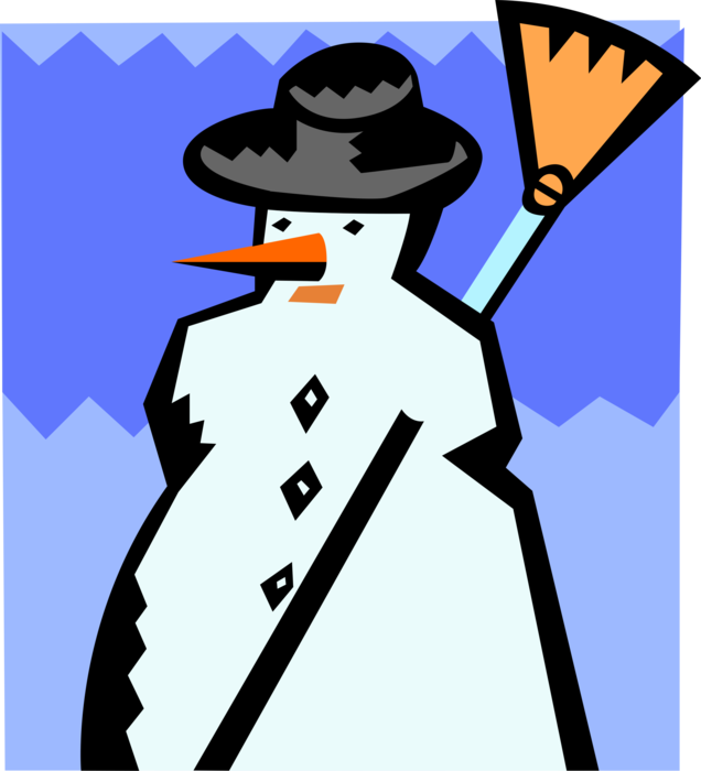 Vector Illustration of Snowman Anthropomorphic Snow Sculpture with Broom and Carrot Nose in Winter