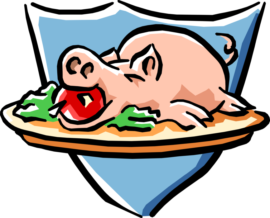 Vector Illustration of Roast Stuffed Pig with Apple in Mouth Feast