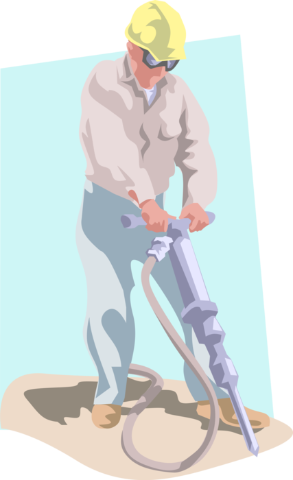 Vector Illustration of Construction Worker Operates Jackhammer Pneumatic Drill