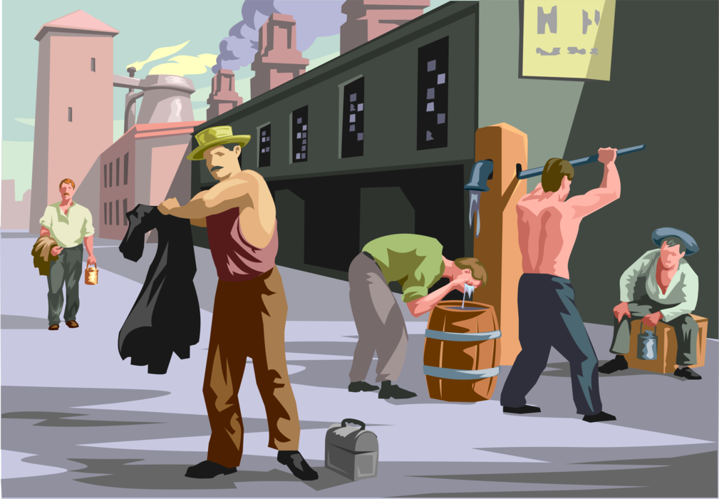 Vector Illustration of Industrial Factory Workers Cleaning Up After Work Ends