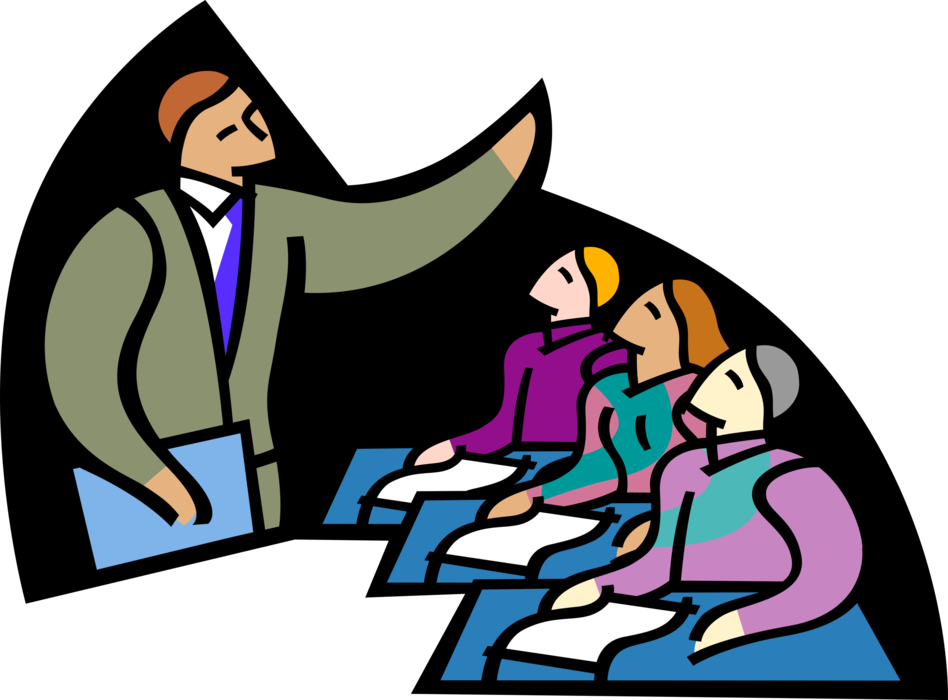 Vector Illustration of Teacher Teaching with Students Learning in School Classroom