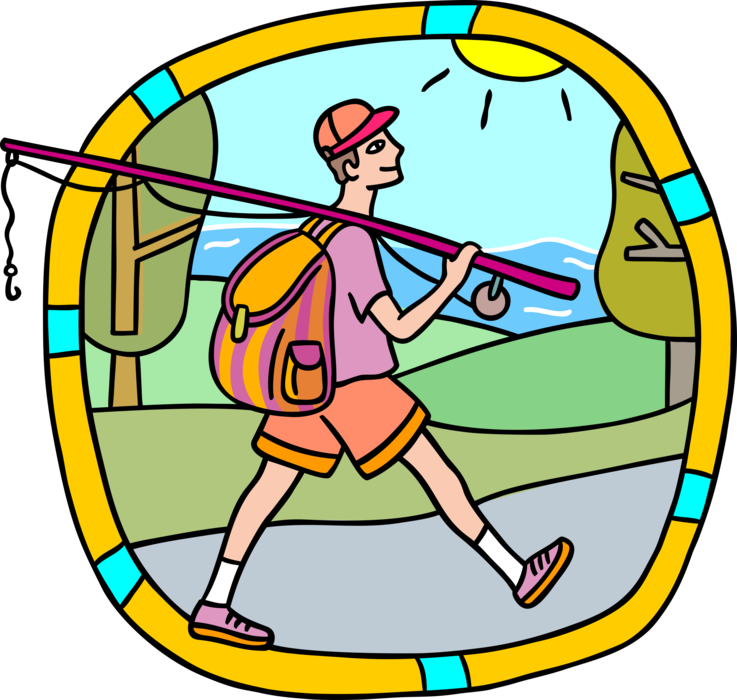 Vector Illustration of Sport Fisherman Angler Walks to Favorite Fishing Spot with Rod and Reel