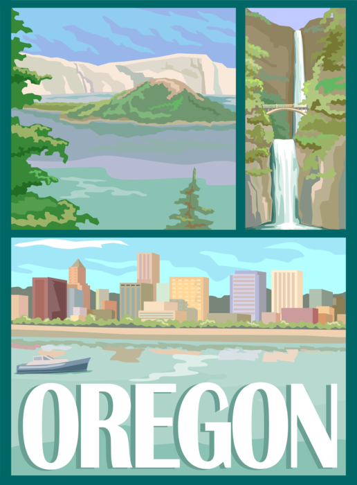 Vector Illustration of State of Oregon Postcard Design with Multnomah Falls and Portland Skyline