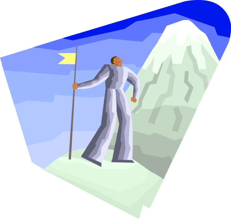 Vector Illustration of Human Figure Looks Up at Mountain Representing Challenge