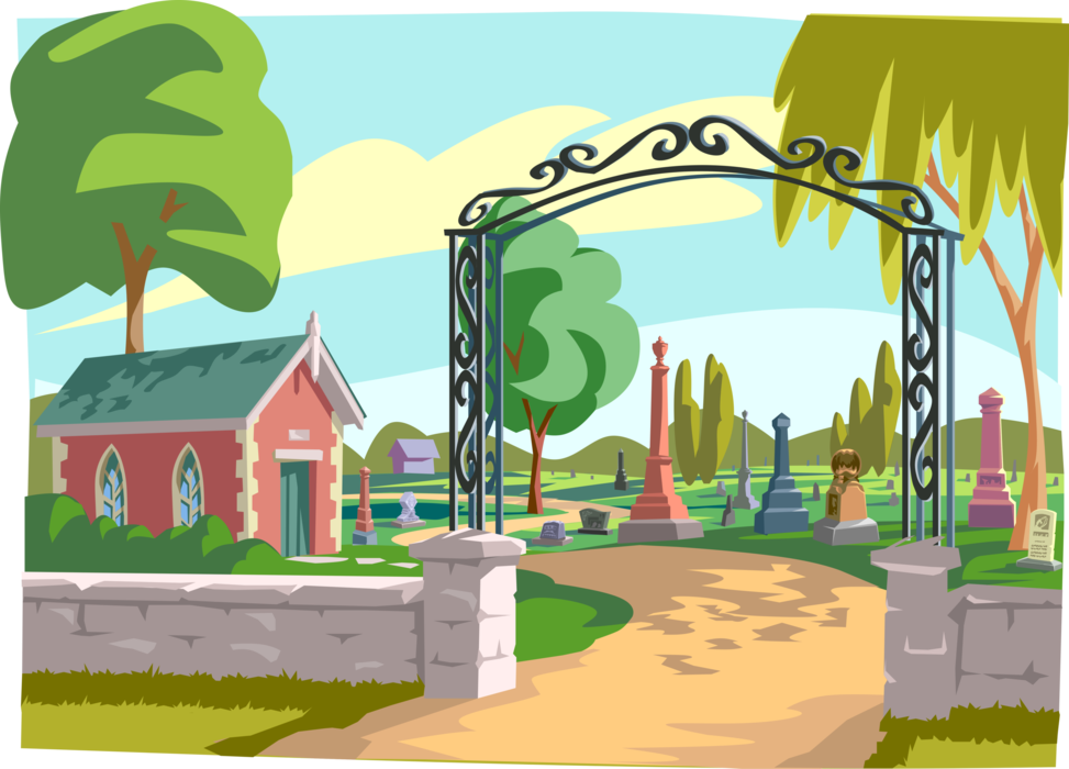 Vector Illustration of Cemetery Entrance with Grave Markers and Headstones