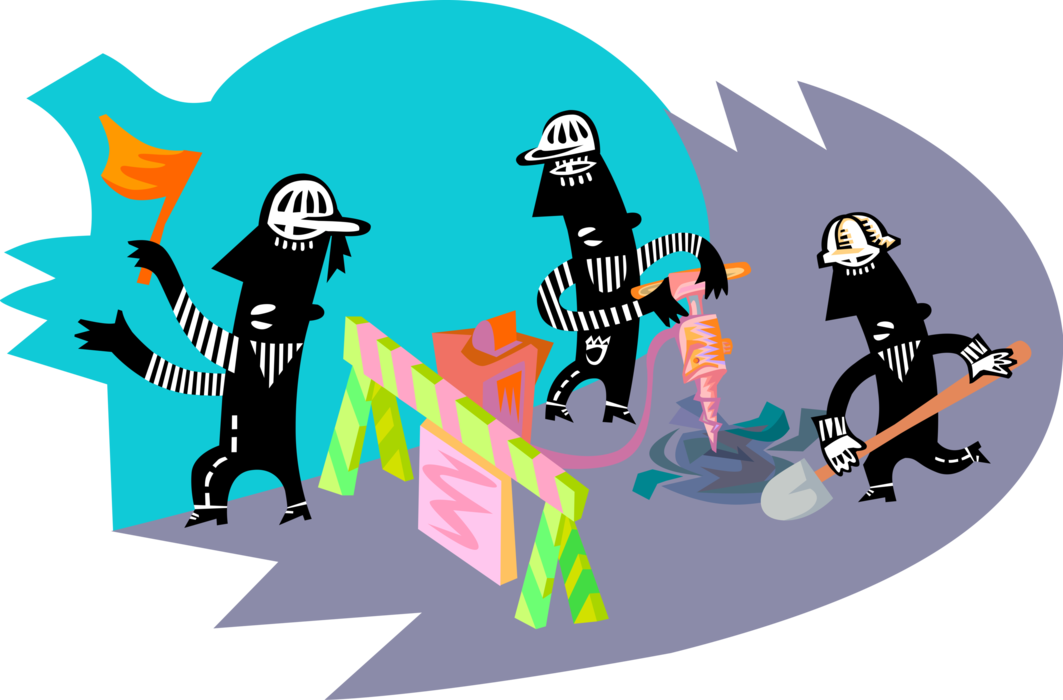 Vector Illustration of Highway and Road Maintenance and Repair Crew with Jackhammer and Shovel