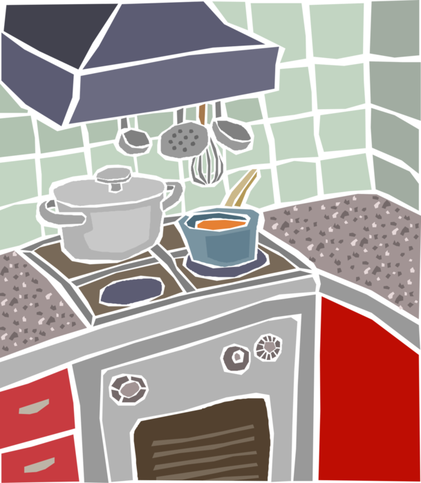Vector Illustration of Kitchen Stovetop Cooking Food with Pots on Oven Stove