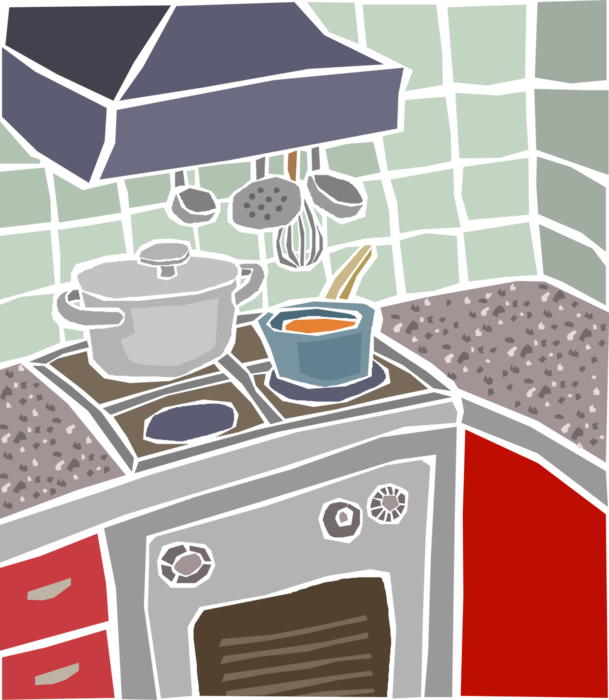 Vector Illustration of Kitchen Stovetop Cooking Food with Pots on Oven Stove