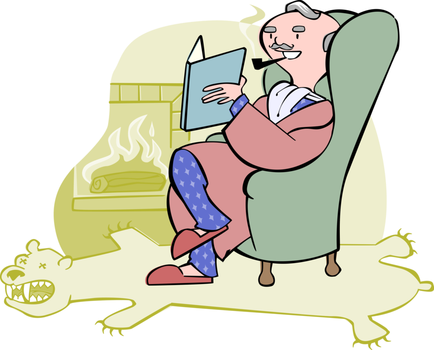 Vector Illustration of Grandfather Reading Book in Comfortable Chair by Fire