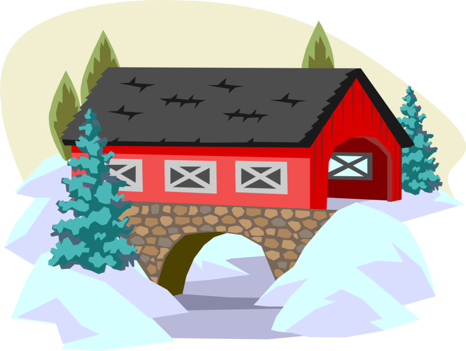 Vector Illustration of Winter Scene with Covered Bridge and Snow