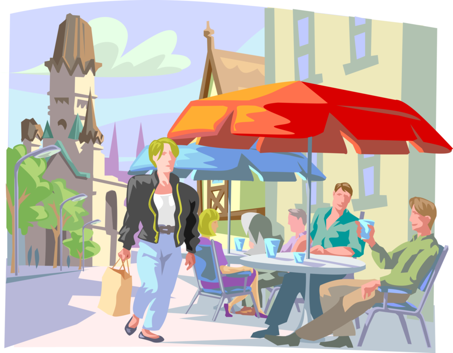 Vector Illustration of Enjoying Alcohol Beverage at Outdoor Street Cafe in European Town