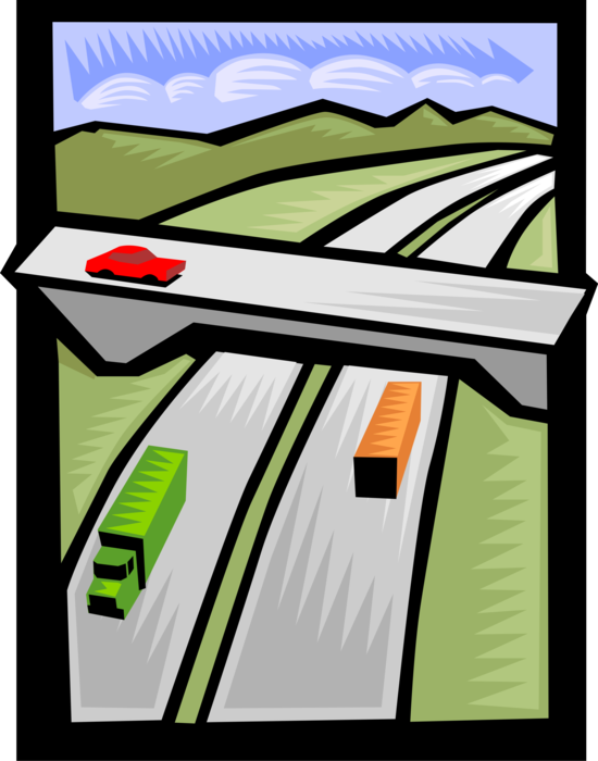 Vector Illustration of Traffic Drives Highway Turnpike Interstate Expressway Motorway Overpass