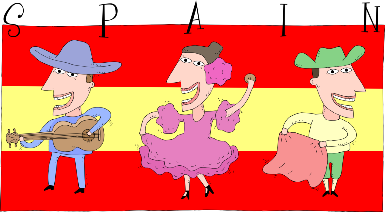 Vector Illustration of Spain Postcard Design with Flamenco Dancer and Toreador Bullfighter, Spain
