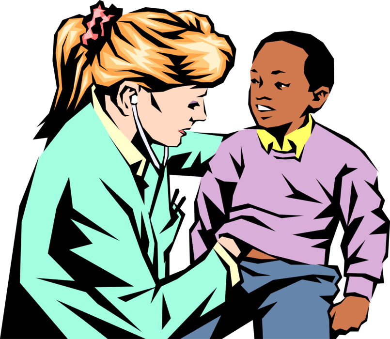 Vector Illustration of Doctor with Young Child Uses Stethoscope to Listen to Heartbeat