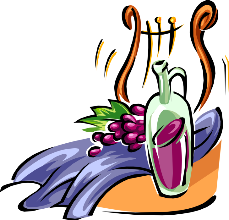 Vector Illustration of Fruit Grapes, Wine and Harp Stringed Musical Instrument