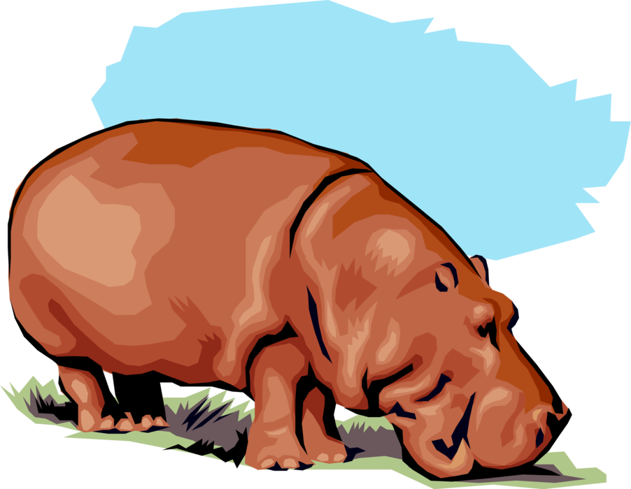 Vector Illustration of African Hippopotamus Grazing Vegetation