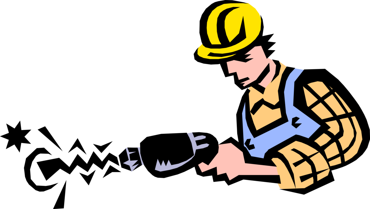 Vector Illustration of Construction Worker Working with Electric Drill