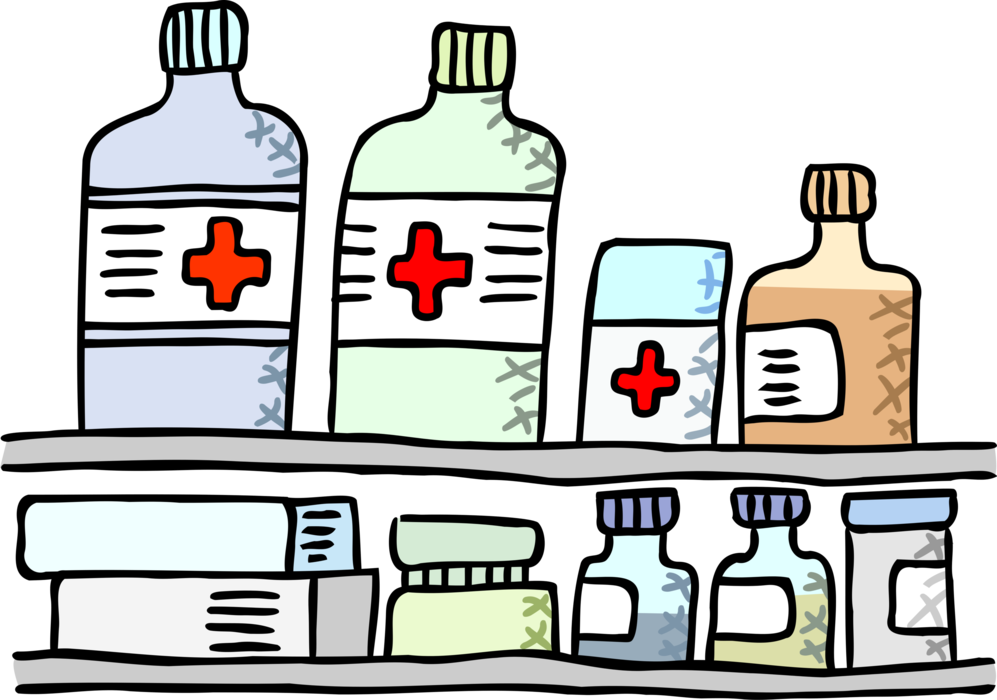 Vector Illustration of Prescription Drug Medication Displayed on Pharmacy Shelves