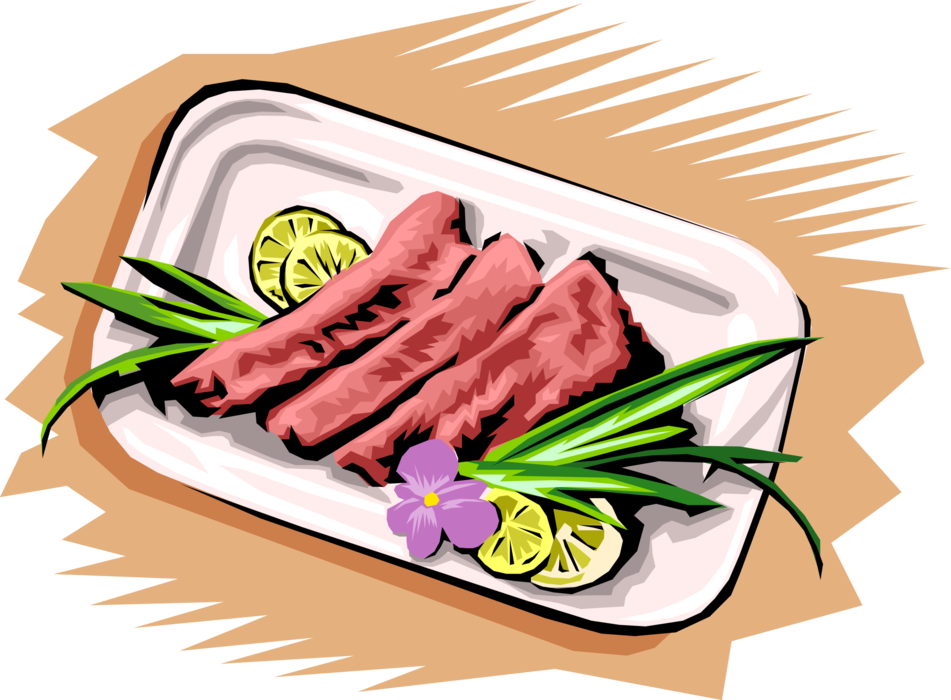 Vector Illustration of Fresh Fish on Platter with Lemon Slices
