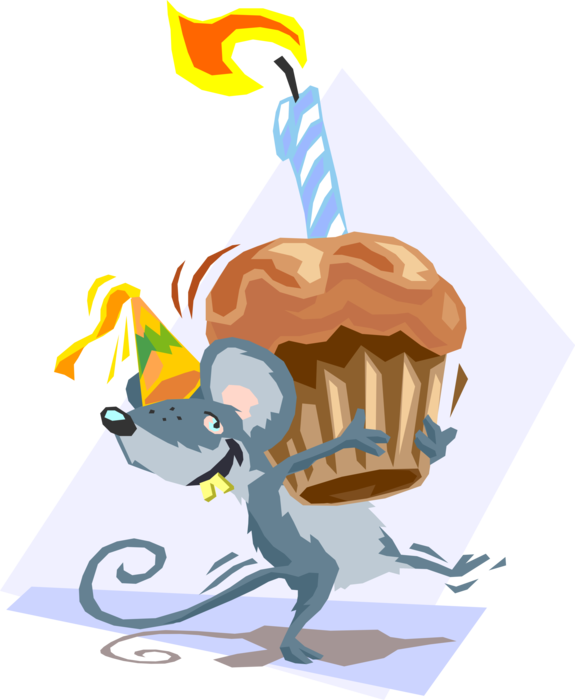 Vector Illustration of Rodent Party Mouse with Birthday Cupcake and Candle