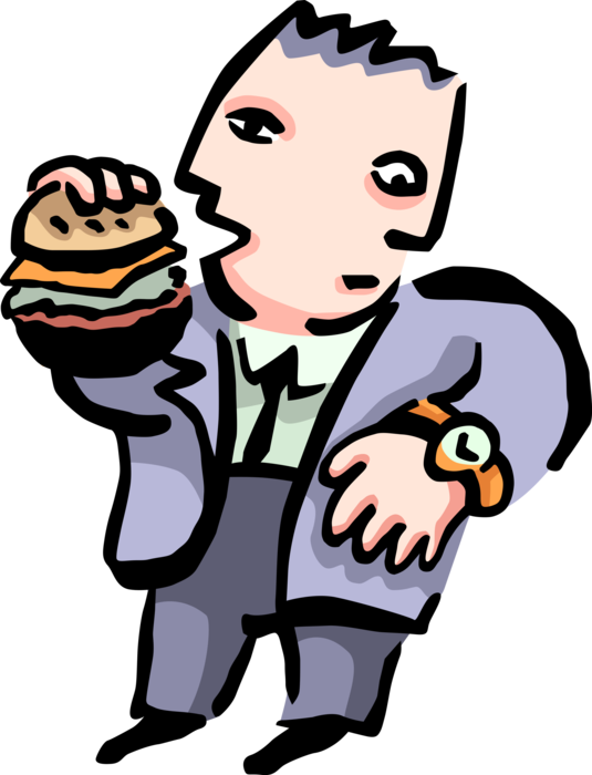 Vector Illustration of Businessman Grabs Quick Hamburger Lunch and Checks the Time on Wristwatch