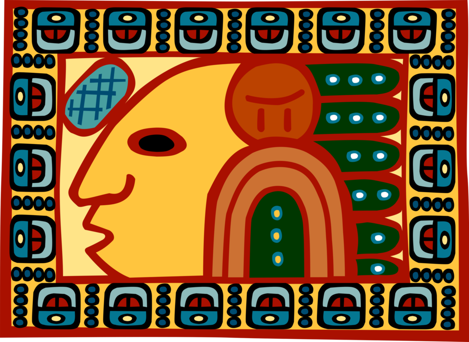 Vector Illustration of Native American Indian with Headdress Folk Art