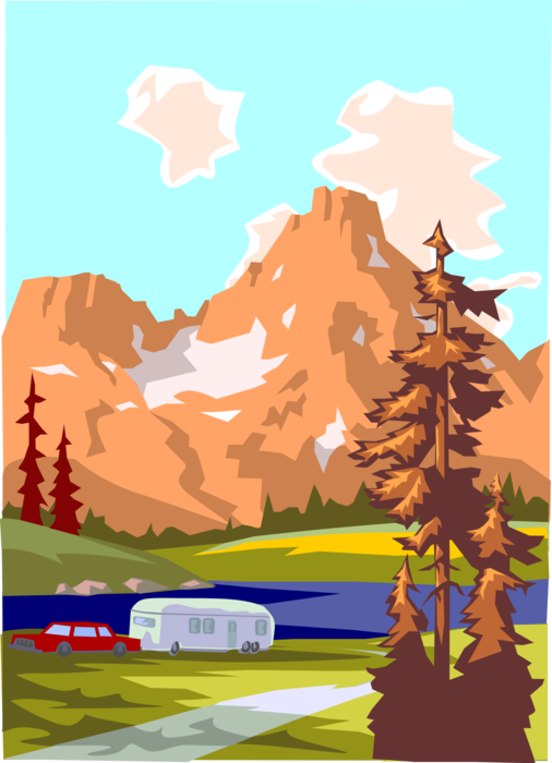 Vector Illustration of Wilderness Camping with Travel Trailer at Campsite in Mountain Terrain