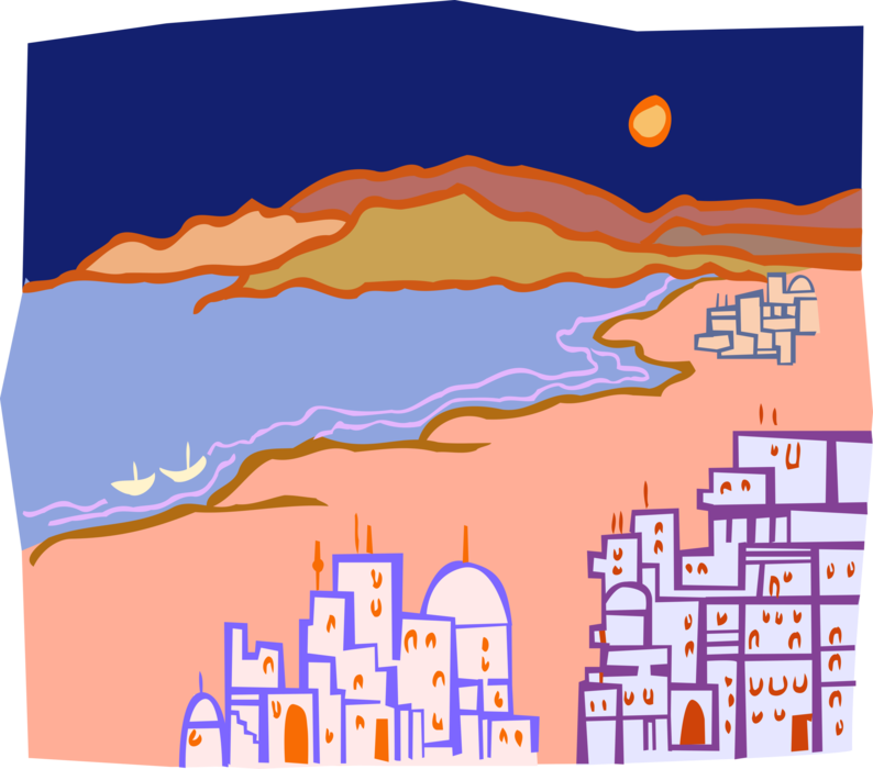 Vector Illustration of Middle Eastern City Buildings and Shoreline