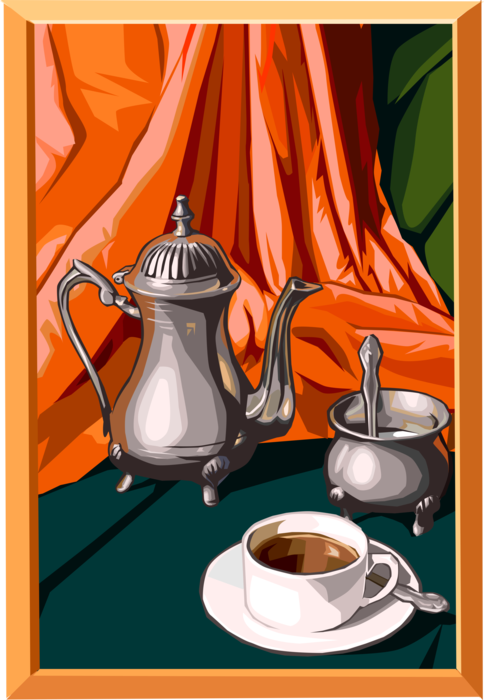 Vector Illustration of Coffee Pot with Sugar Bowl and Freshly Brewed Cup of Coffee