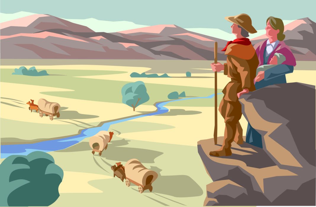 Vector Illustration of American Frontier Pioneers Heading West in Wagon Train