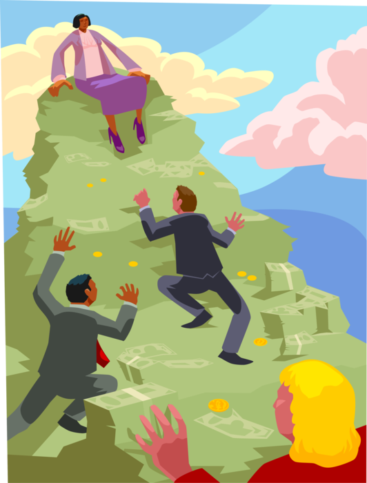 Vector Illustration of Business Associates Climb Mountain of Money Profits and Earnings