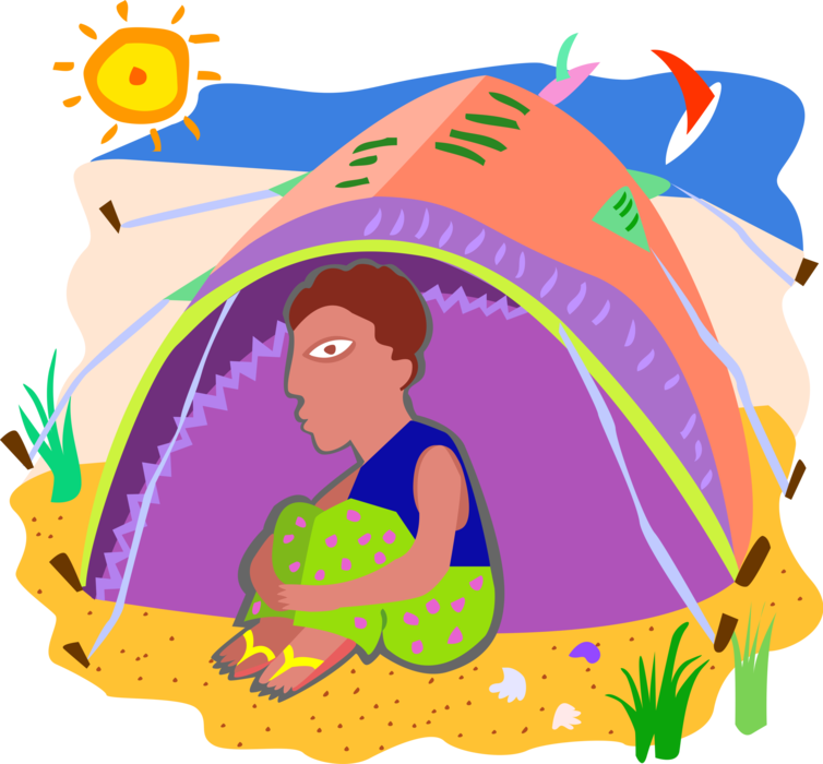 Vector Illustration of Day at the Beach Under Tent Protection from Summer Sun