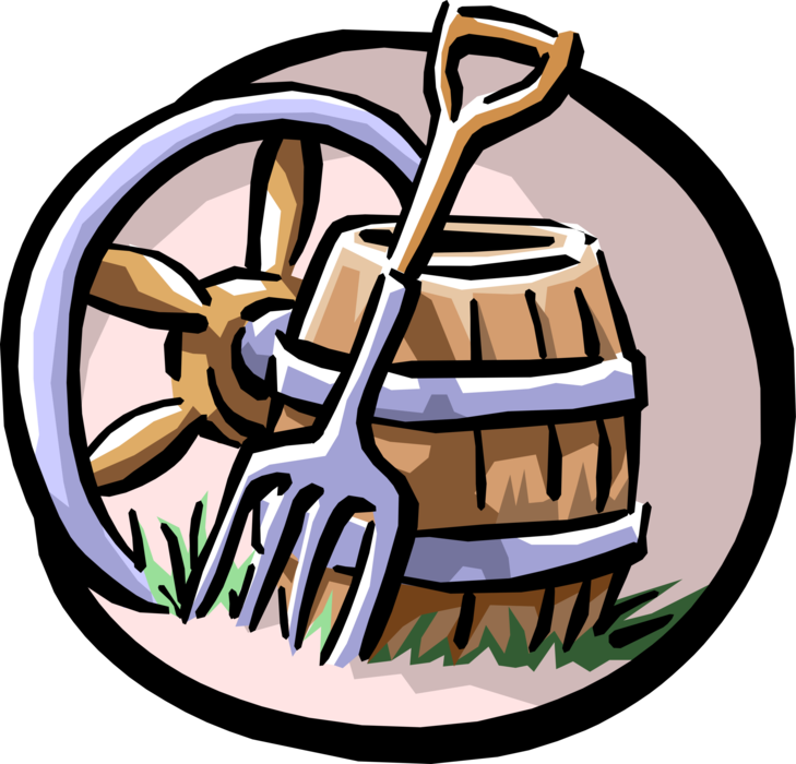 Vector Illustration of Wagon Wheel, Pitchfork and Barrel
