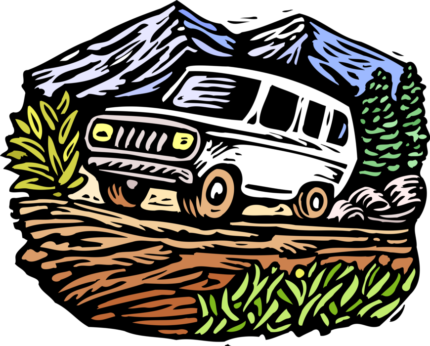 Vector Illustration of Sport Utility Four-Wheel Vehicle in Off-Roading Wilderness Adventure