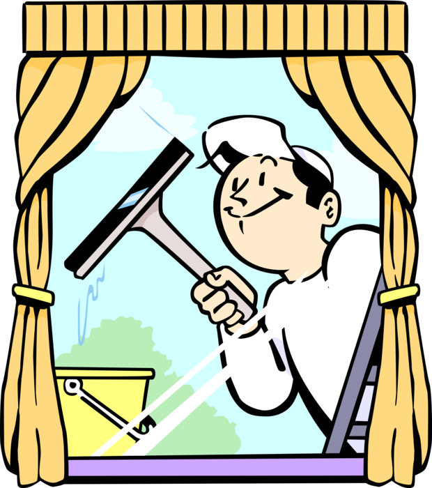 Vector Illustration of Do-It-Yourself Home Handyman Window Cleaner with Mop and Squeegie