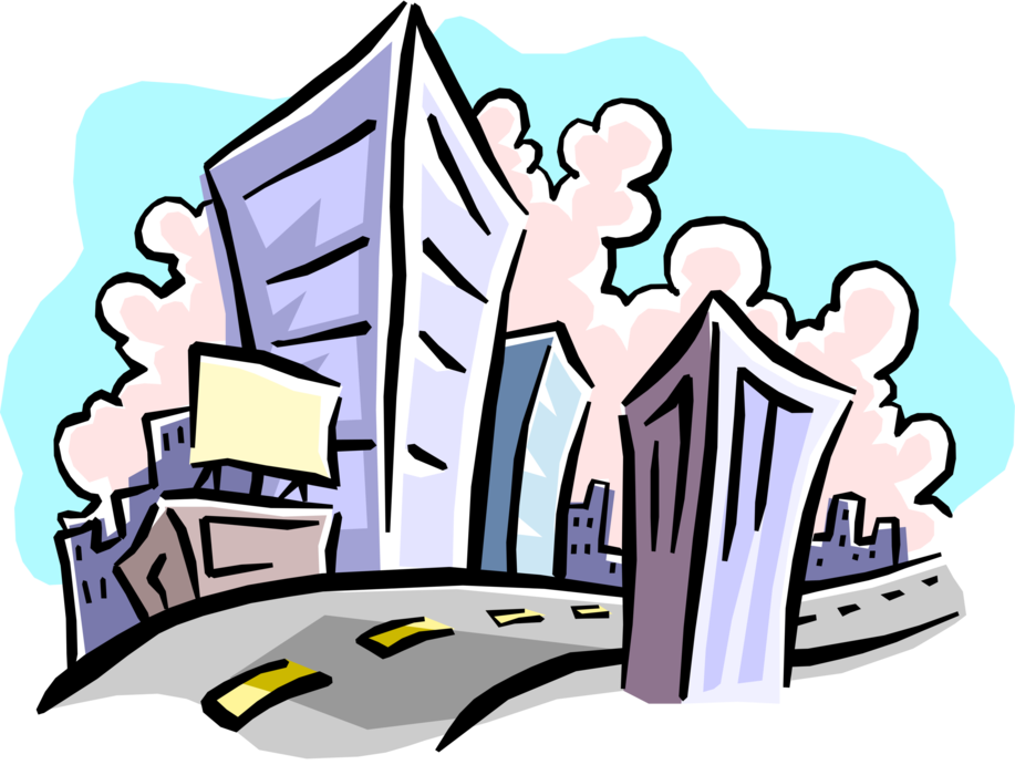 Vector Illustration of Office Buildings Symbol with Highway