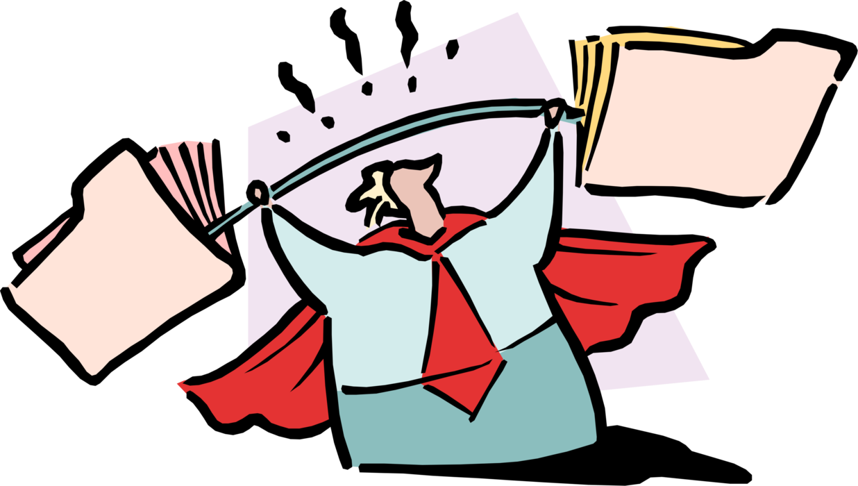 Vector Illustration of Businessman Super Hero or Superhero Superman with Red Cape Weighs the Merits of Project Files
