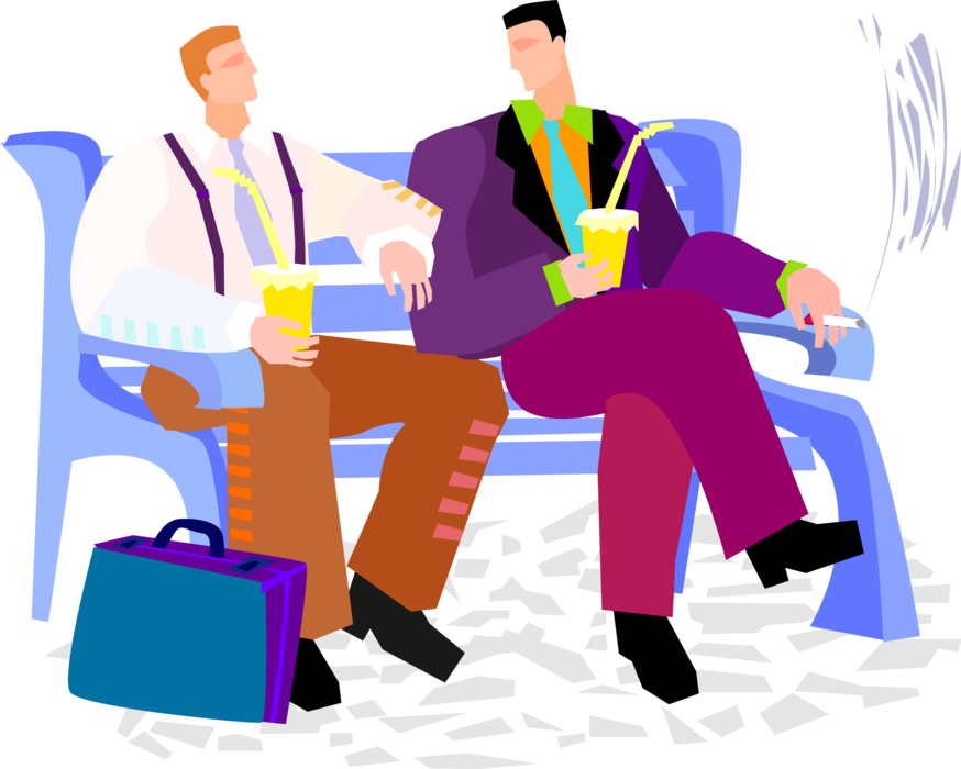 Vector Illustration of Business Associates Sit on Park Bench Enjoying Drinks and Cigarettes
