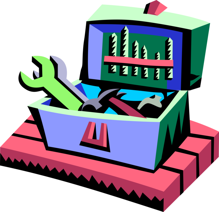 Vector Illustration of Toolbox, Toolkit, or Workbox with Wrench and Hammer Tools