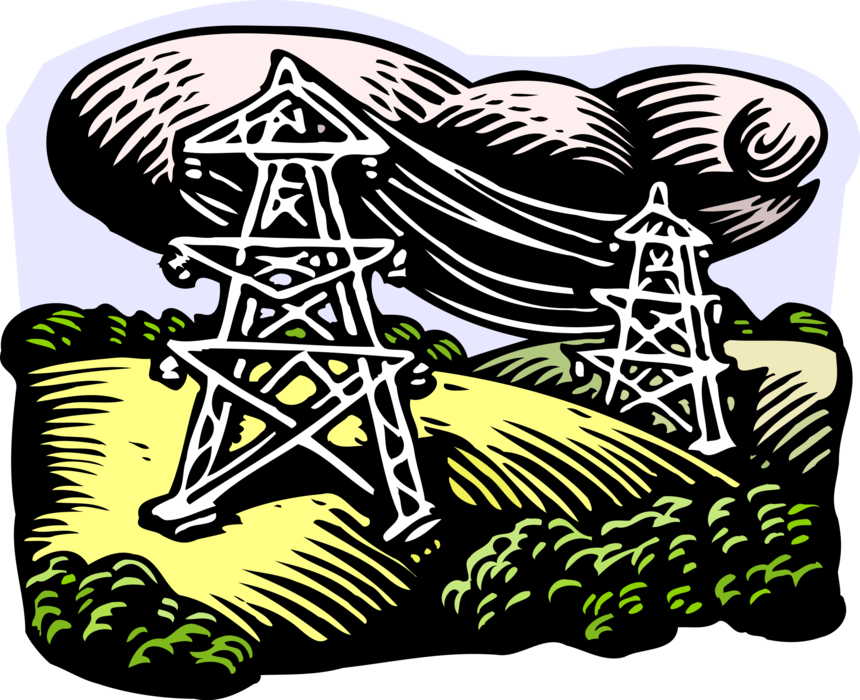 Vector Illustration of Electrical Transmission Towers on Rolling Hills