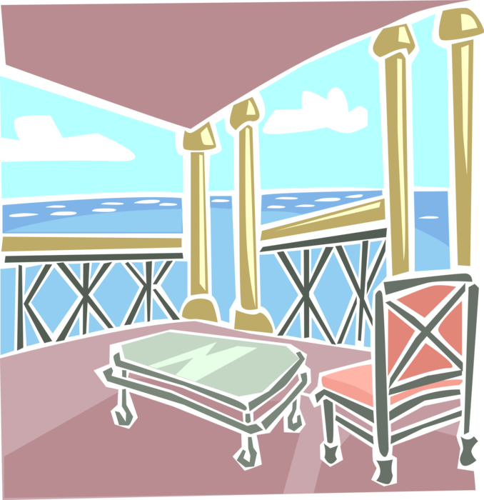 Vector Illustration of Waterfront Ocean View from Patio with Chair
